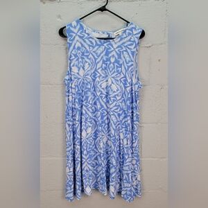 Harlow & Rose Dress Sleeveless Blue White Print Swing Dress Size XL